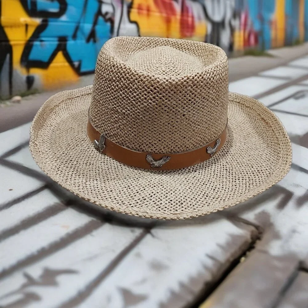 Coastal Cowgirl Hat Belt Sliver Eagle Details Summer Straw Head Diameter Size 22 - Picture 2 of 13